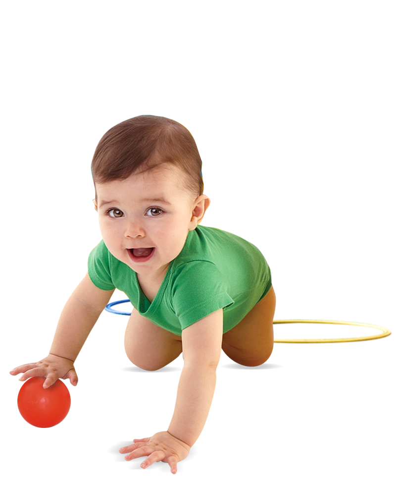 Baby in a green onesie crawling toward a red ball with hoops around them